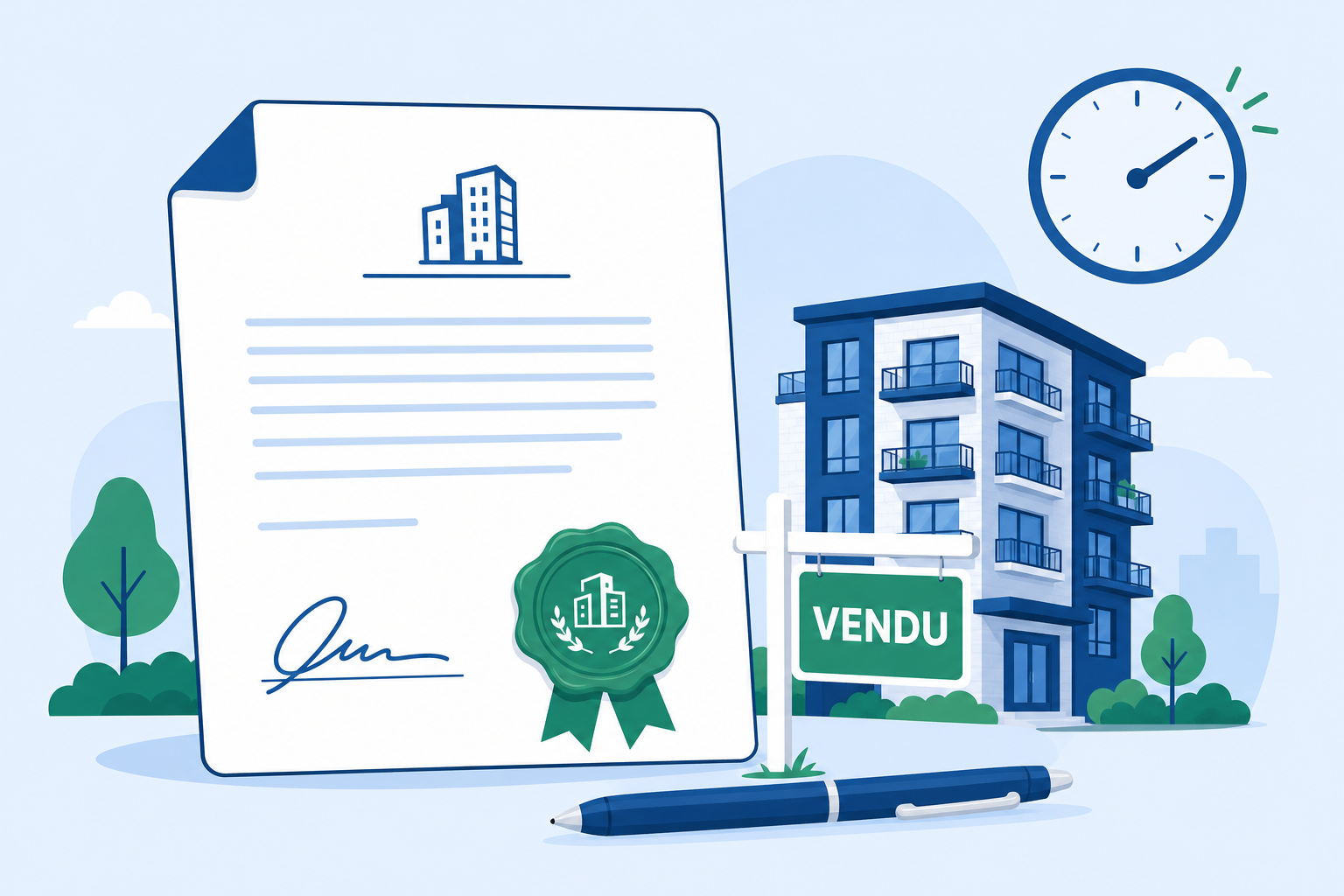 Illustration : attestation officielle avec sceau, immeuble et pancarte vendu