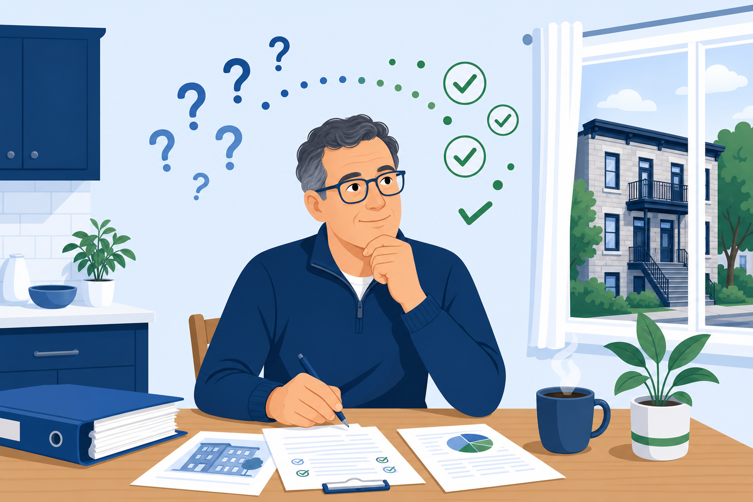 Illustration : un administrateur bénévole dont les questions se transforment en crochets verts